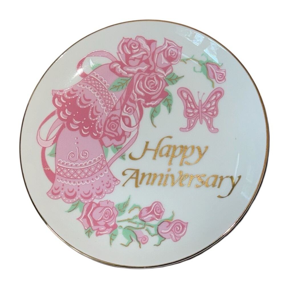 Happy Anniversary Plate Pink Bells Flowers Butterfly‎ Japan Timeless Impressions
